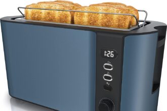Arendo - Tostapane Moderno a 2 Fessure XXL - Scongela – Doppia Parete termoisolante - con Accessorio scalda Cornetto - 1500W - Vassoio raccogli briciole - Display con Tempo rimanente - Blu Admiral