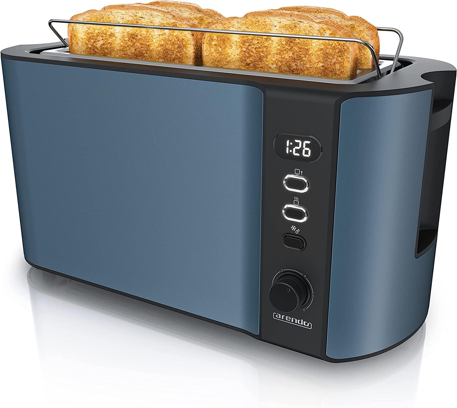 Arendo - Tostapane Moderno a 2 Fessure XXL - Scongela – Doppia Parete termoisolante - con Accessorio scalda Cornetto - 1500W - Vassoio raccogli briciole - Display con Tempo rimanente - Blu Admiral