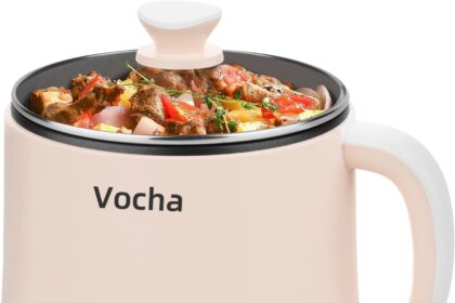 Vocha Pentola elettrica con funzione Keep Warm, padella elettrica antiaderente da 1,6 l, fornello da viaggio portatile, mini fornello multi-cottura per pasta tagliatelle, zuppe, uova sode, (beige)
