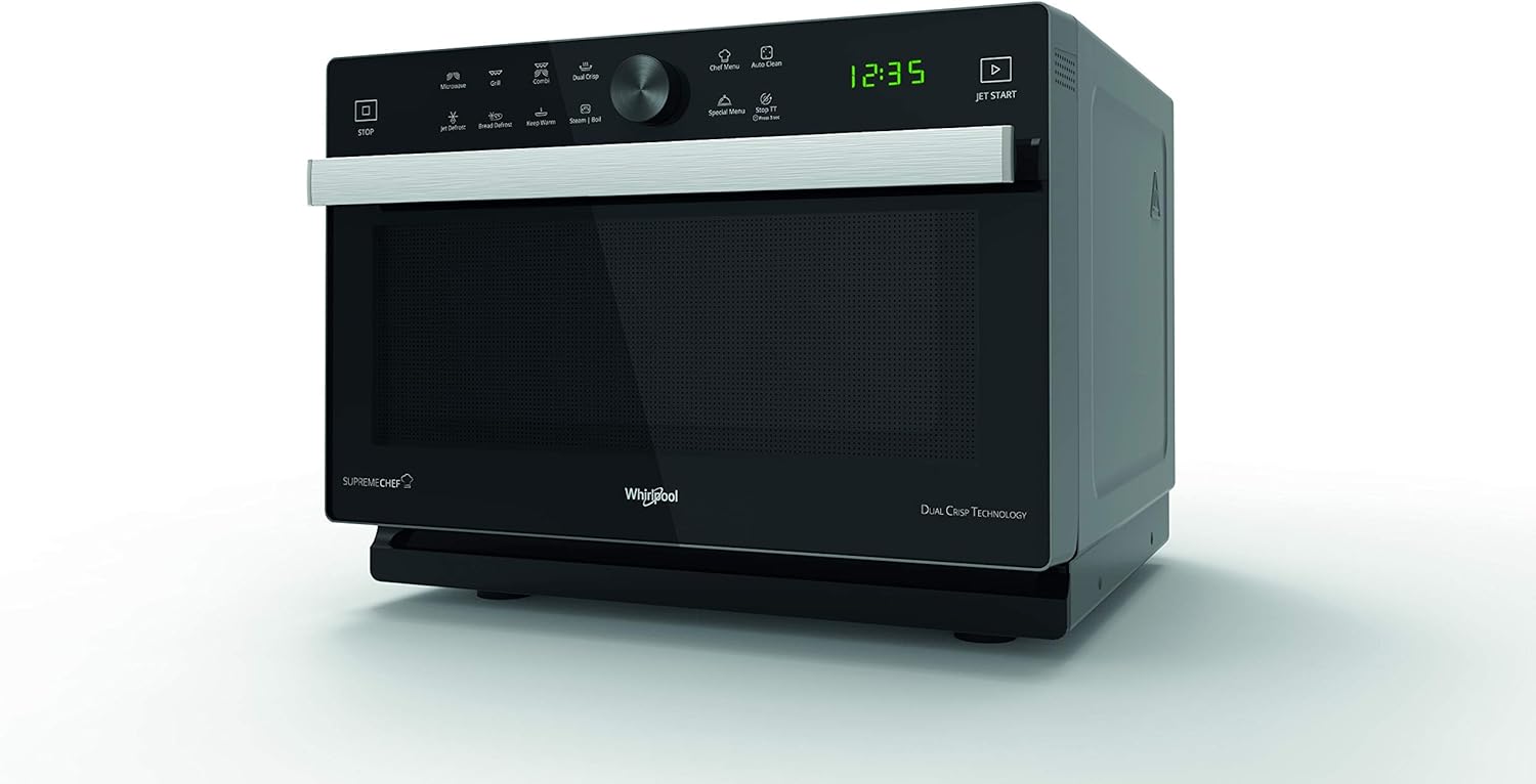 Whirlpool Libera installazione MWP 337 SB - Forno a Microonde Supreme Chef + Grill, Con double steamer, Griglia alta, piatto Crisp +maniglia, 33 litri, Nero/Argento, 37.3 x 49 x 49.5 cm