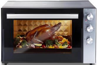 Wintem Fornetto Elettrico 70L 2500W in Acciaio Inossidabile Nero con Funzione Girarrosto e Ventilazione è Ideale per Cuocere e Riscaldare Pizza, Pollo e Cotture Veloci - Temperatura Fino a 320°