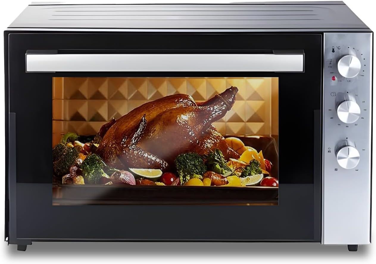 Wintem Fornetto Elettrico 70L 2500W in Acciaio Inossidabile Nero con Funzione Girarrosto e Ventilazione è Ideale per Cuocere e Riscaldare Pizza, Pollo e Cotture Veloci - Temperatura Fino a 320°