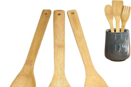 World Trade Set di Utensili da Cucina in Legno di Bamboo - Kit di 3 Accessori da Cucina AntiGraffio (Paletta per Cucina, Cucchiaio in Legno, Mestolo) - Attrezzi da Cucina in bambù Naturale