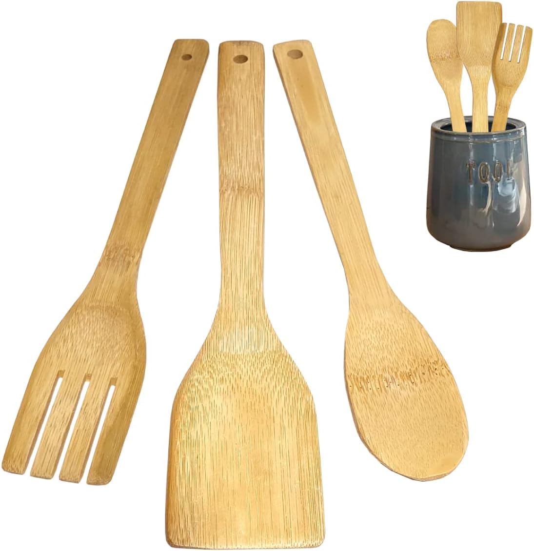 World Trade Set di Utensili da Cucina in Legno di Bamboo - Kit di 3 Accessori da Cucina AntiGraffio (Paletta per Cucina, Cucchiaio in Legno, Mestolo) - Attrezzi da Cucina in bambù Naturale