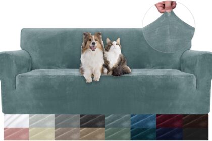 YSTELLAA Copridivano Velluto 3 Posti Con Braccioli, Copridivani Antigraffio Gatto, Fuzzy Copri Divano Elasticizzato Elastico, Universale Sofa Cover Antimacchia Lavabile Antiscivolo, Grigio Blu