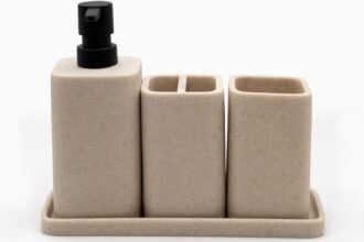 ZCCZ Set di accessori beige per il bagno - Kit completo con dispenser sapone, portaspazzolino e vassoio - Organizer perfetto per mantenere ordine e stile negli spazi bagno