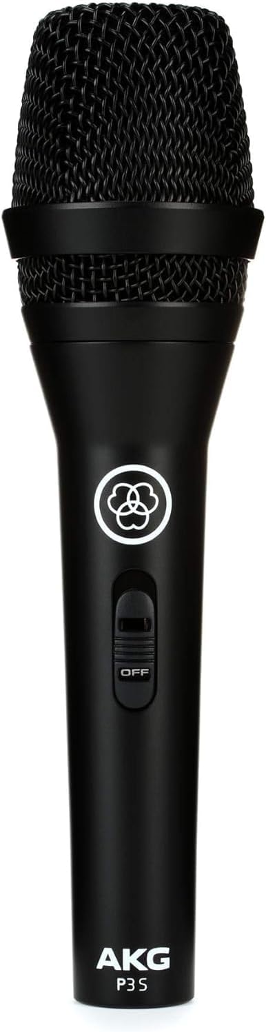 AKG P3s Microfono dinamico professionale per voce dal vivo con interruttore, schermo antivento integrato, connettore XLR placcato oro 24 carati, design robusto - Nero