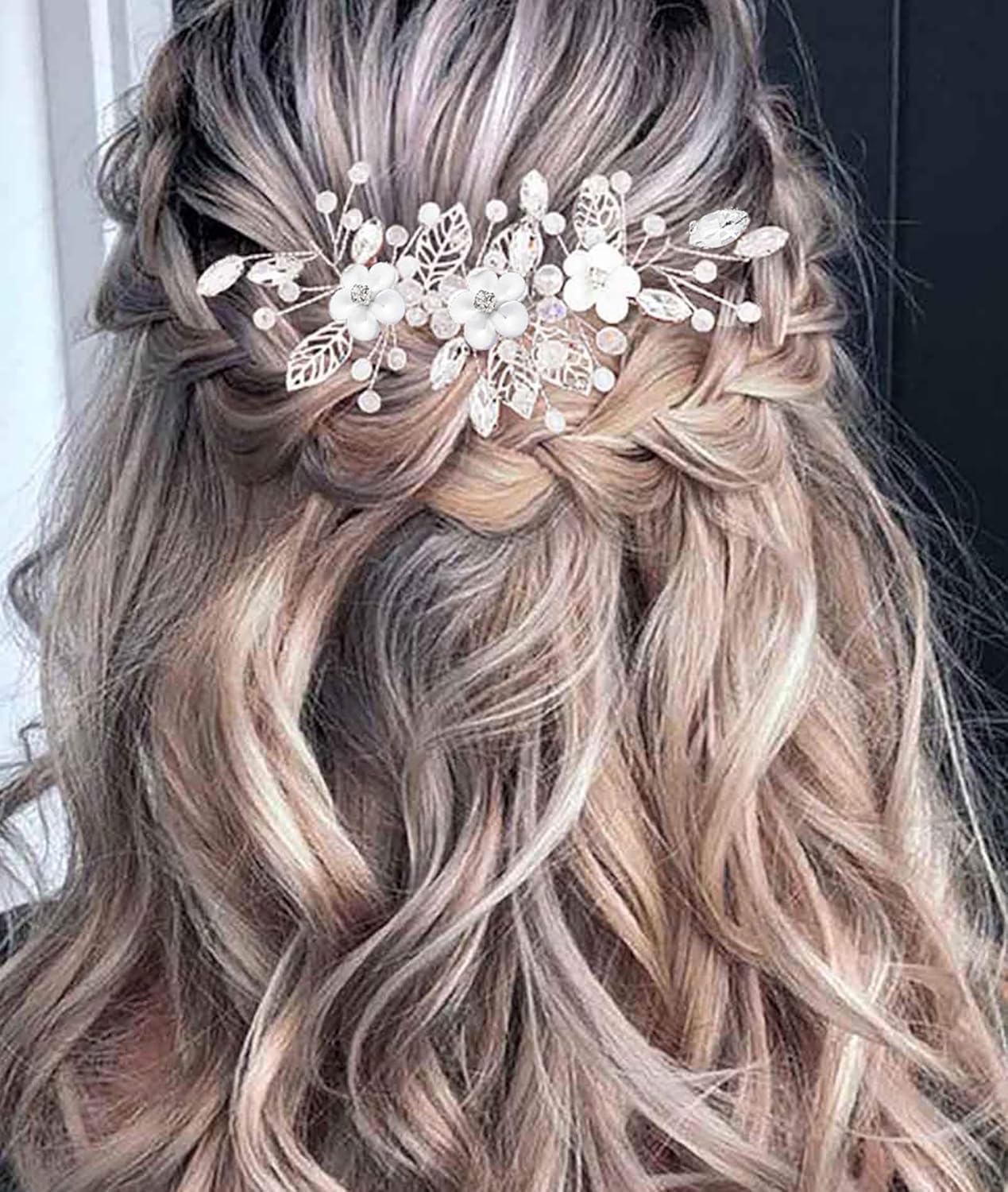 Brateuanoii Accessori Capelli Sposa Argento, Ornamenti per Capelli di Strass Nuziali, Perla Decorazioni Capelli Sposa Fiore Vite, Accessorio per Capelli da Sposa in Cristallo per Donne e Ragazze