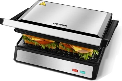 Aigostar Hett pro - Panini Maker/Tostapane Piastra, Rivestimento Antiaderente Eco Stone, Vassoio Raccogli Grasso, Pressa a sandwich, Bistecchiera Elettrica, 1500 Watt, Apertura a 180º.