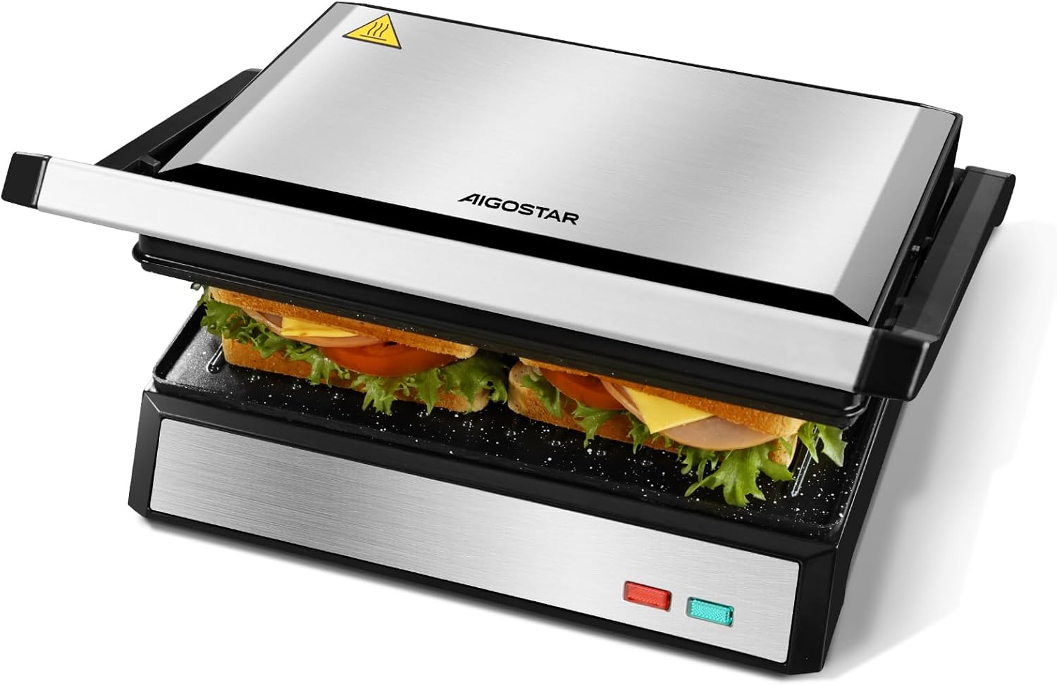 Aigostar Hett pro - Panini Maker/Tostapane Piastra, Rivestimento Antiaderente Eco Stone, Vassoio Raccogli Grasso, Pressa a sandwich, Bistecchiera Elettrica, 1500 Watt, Apertura a 180º.