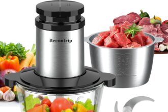Becontrip Tritatutto da Cucina Elettrico, 500W 2L Tritatutto Elettrico con Motore in Rame, 2 Ciotole (Vetro + Acciaio Inox), 4 Lame Affilate, 2 Velocità, Mini Frullatore per Carne/Verdura/Baby Food