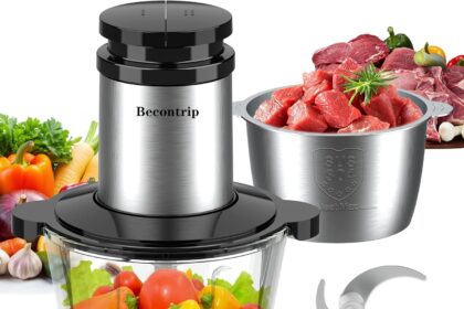 Becontrip Tritatutto da Cucina Elettrico, 500W 2L Tritatutto Elettrico con Motore in Rame, 2 Ciotole (Vetro + Acciaio Inox), 4 Lame Affilate, 2 Velocità, Mini Frullatore per Carne/Verdura/Baby Food