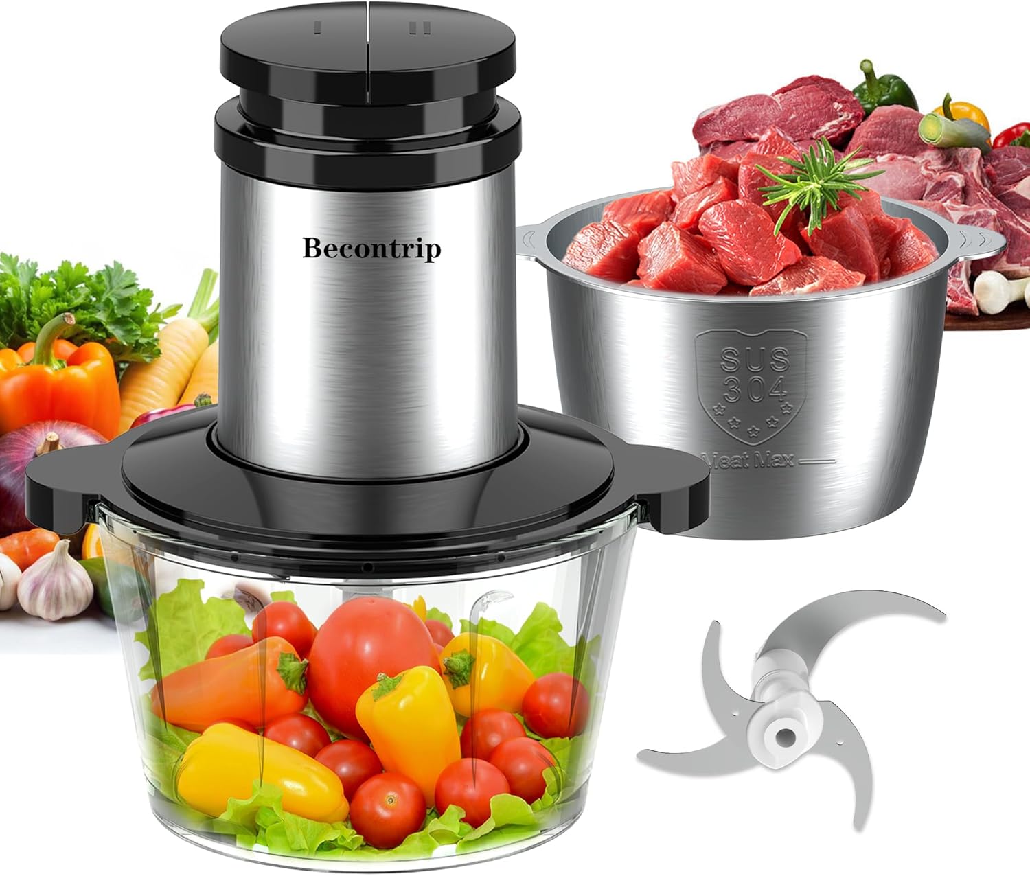 Becontrip Tritatutto da Cucina Elettrico, 500W 2L Tritatutto Elettrico con Motore in Rame, 2 Ciotole (Vetro + Acciaio Inox), 4 Lame Affilate, 2 Velocità, Mini Frullatore per Carne/Verdura/Baby Food