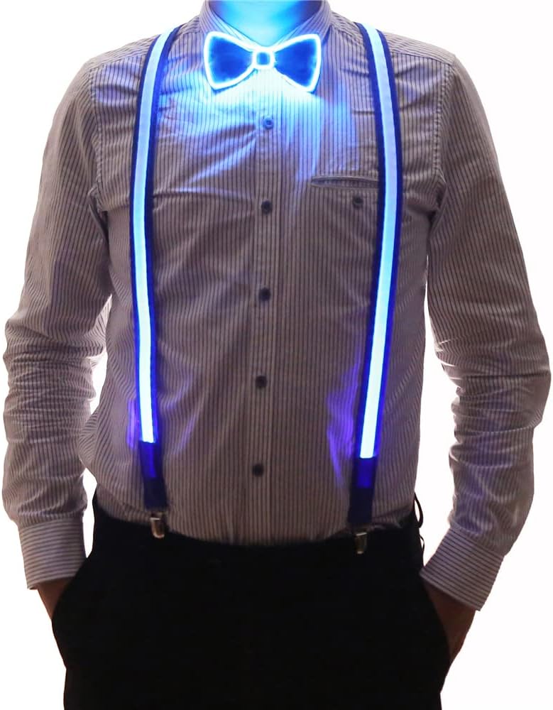 Brejkdo Bretelle Luminose LED Papillon - 2 Pezzi/set Accendono le Bretelle LED da Uomo e Papillon - Perfetto Per Halloween Festa in Costume (Blu)