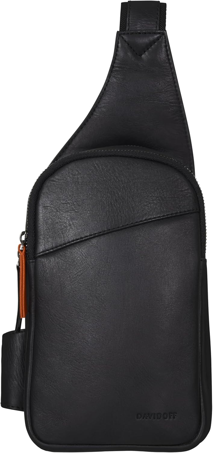 DAVIDOFF ESSENTIALS Sling bag – Borsello uomo tracolla in pelle – pelle con zip e fodera in twill di cotone – Borsa tracolla uomo con diversi scomparti – Nero