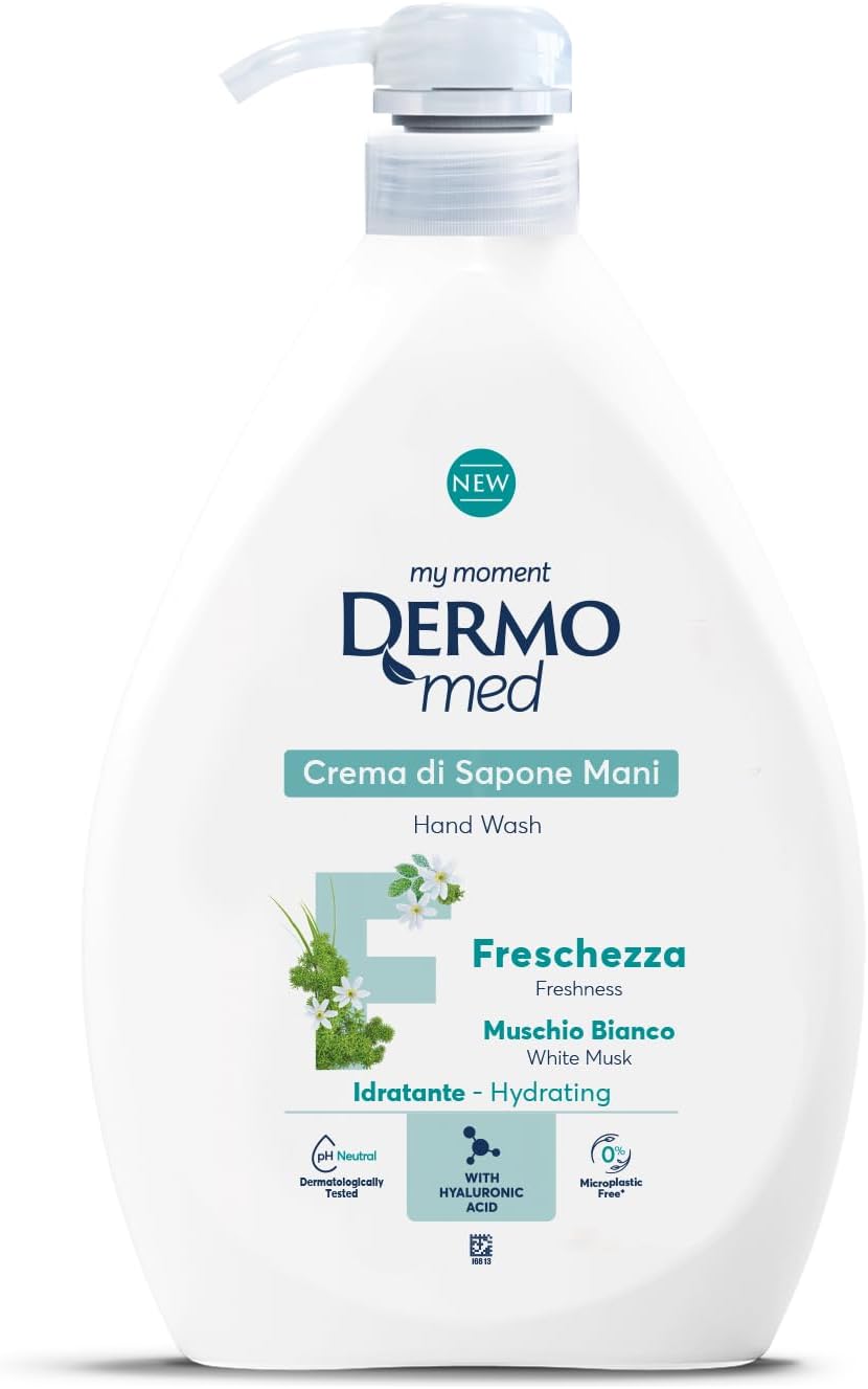 Dermomed, Crema di Sapone Mani Muschio Bianco, Rispetta la Pelle Rendendola Profumata e Morbida, con Acido Ialuronico, pH Neutro, Made in Italy, Dermatologicamente Testato, Dispenser 1L