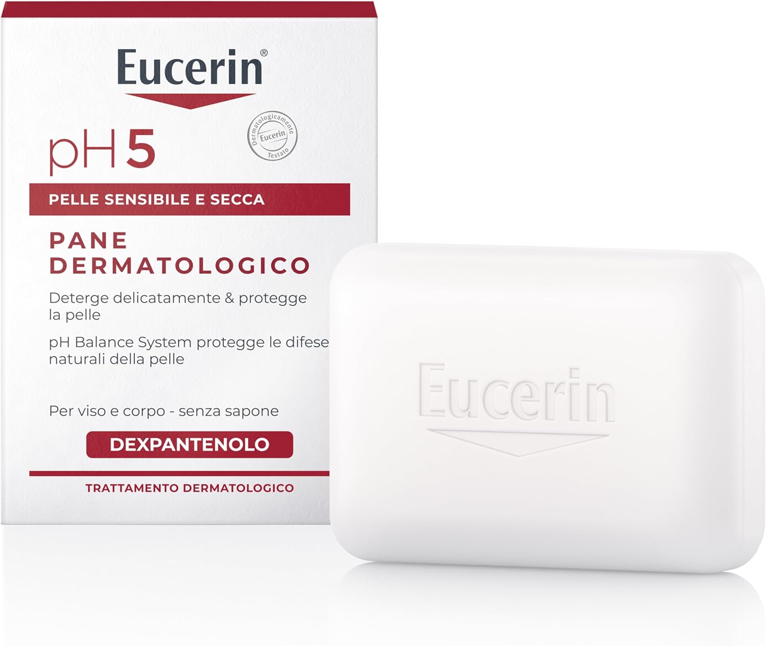 Eucerin pH5 Pane Dermatologico 100 g, Bagnoschiuma solido con Dexpantenolo e senza sapone alcalinico, Sapone mani, viso e corpo per la detersione quotidiana della pelle sensibile e secca