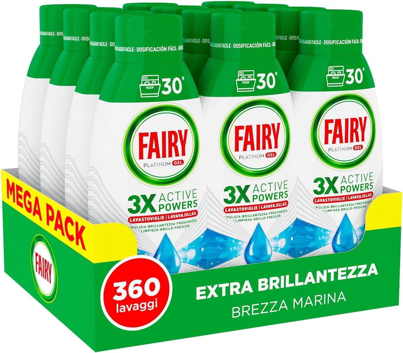 Fairy Detersivo Lavastoviglie Gel Liquido, 360 Lavaggi, Confezione da 12 Bottiglie, Platinum Brezza Marina, Dona Extra Brillantezza Alla Lavastoviglie, Combina Pulizia Brillantezza E Freschezza