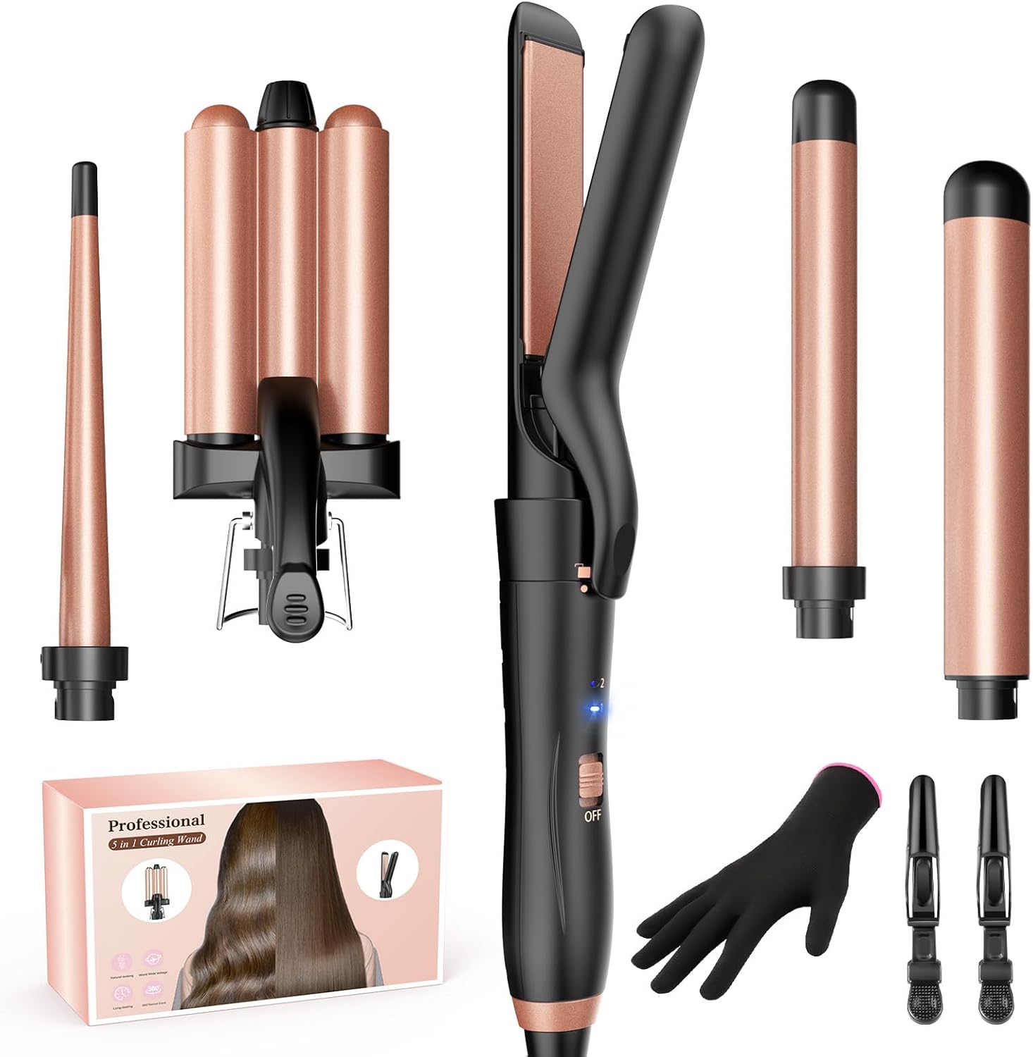 Ferro Arricciacapelli Piastra Onde per Capelli-BESTOPE MIX Ferro Capelli 5 in 1 con piastra per capelli, Ferro per Capelli con Temperatura Regolabile, Piastra Capelli Onde con Guanto e 2 Clip