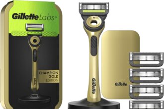 Gillette Labs Con Barra Integrata, Rasoio da Uomo, 1 Manico, 5 Lamette Di Ricambio, Con Base Magnetica, Edizione Dei Campioni, Oro, Rasoio Barba, Gillette Labs Lamette Di Ricambio
