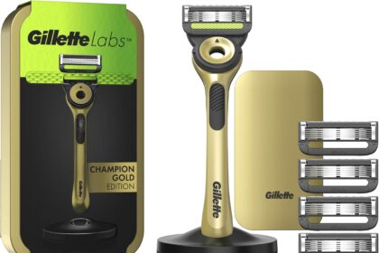 Gillette Labs Con Barra Integrata, Rasoio da Uomo, 1 Manico, 5 Lamette Di Ricambio, Con Base Magnetica, Edizione Dei Campioni, Oro, Rasoio Barba, Gillette Labs Lamette Di Ricambio