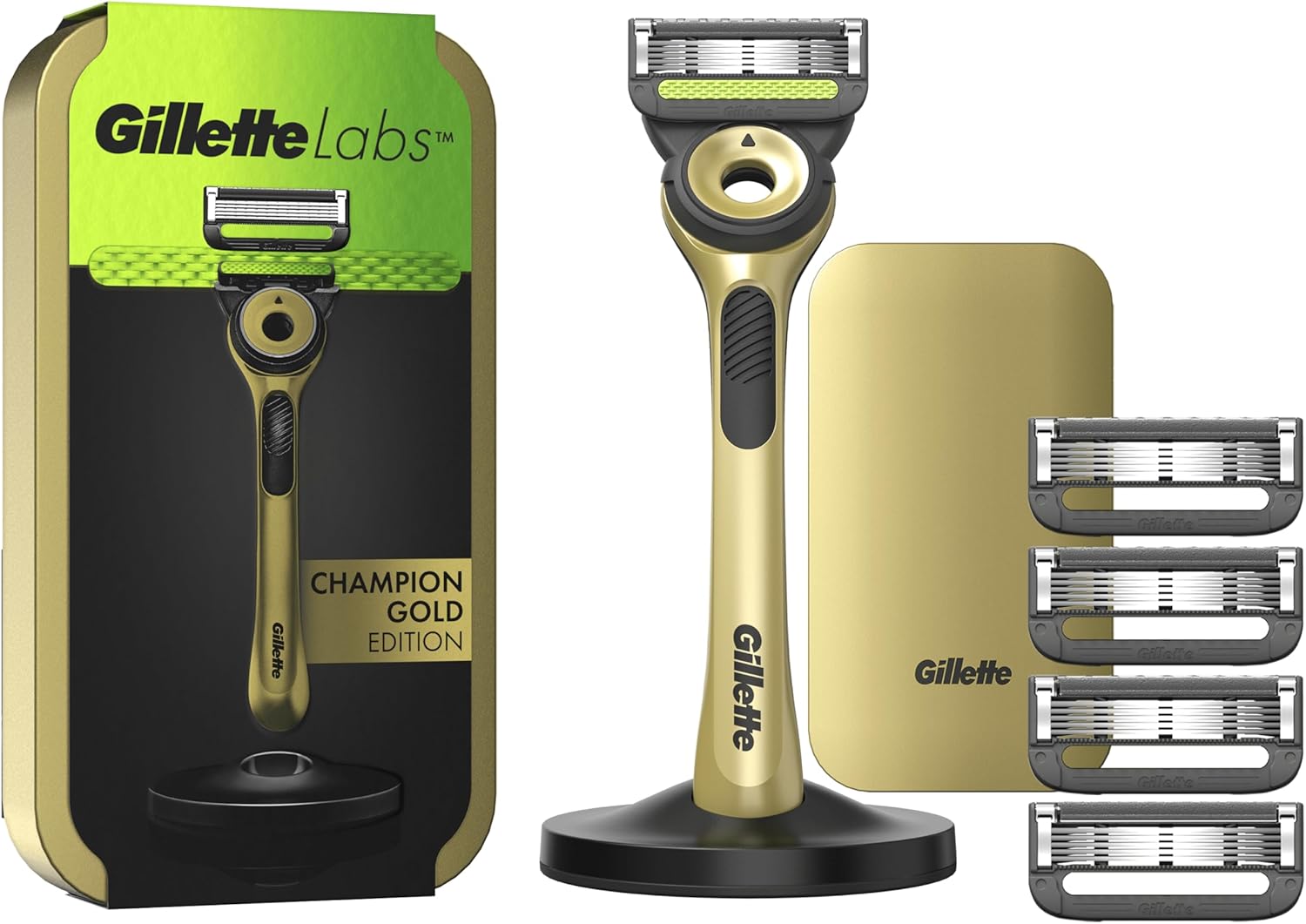 Gillette Labs Con Barra Integrata, Rasoio da Uomo, 1 Manico, 5 Lamette Di Ricambio, Con Base Magnetica, Edizione Dei Campioni, Oro, Rasoio Barba, Gillette Labs Lamette Di Ricambio
