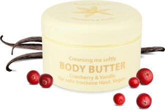 Jean & Len Body Butter Cranberry & Vanilla, fornisce alla pelle un'idratazione sufficiente, texture delicatamente fondente, formulazione vegana, senza parabeni e siliconi, 200 ml