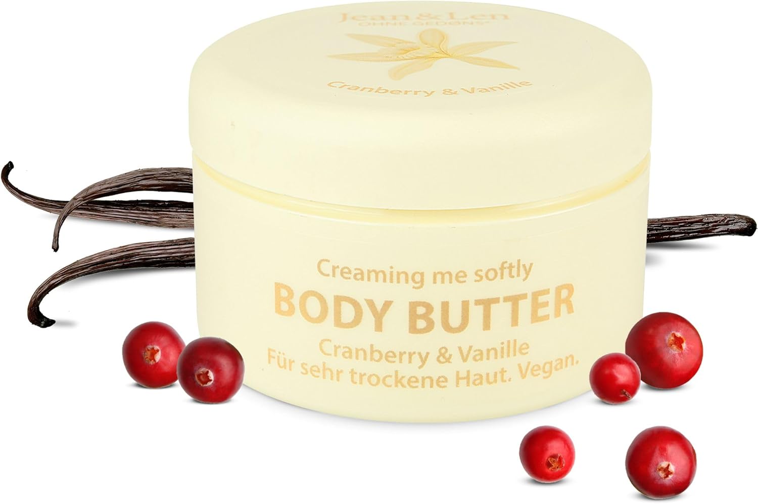 Jean & Len Body Butter Cranberry & Vanilla, fornisce alla pelle un'idratazione sufficiente, texture delicatamente fondente, formulazione vegana, senza parabeni e siliconi, 200 ml
