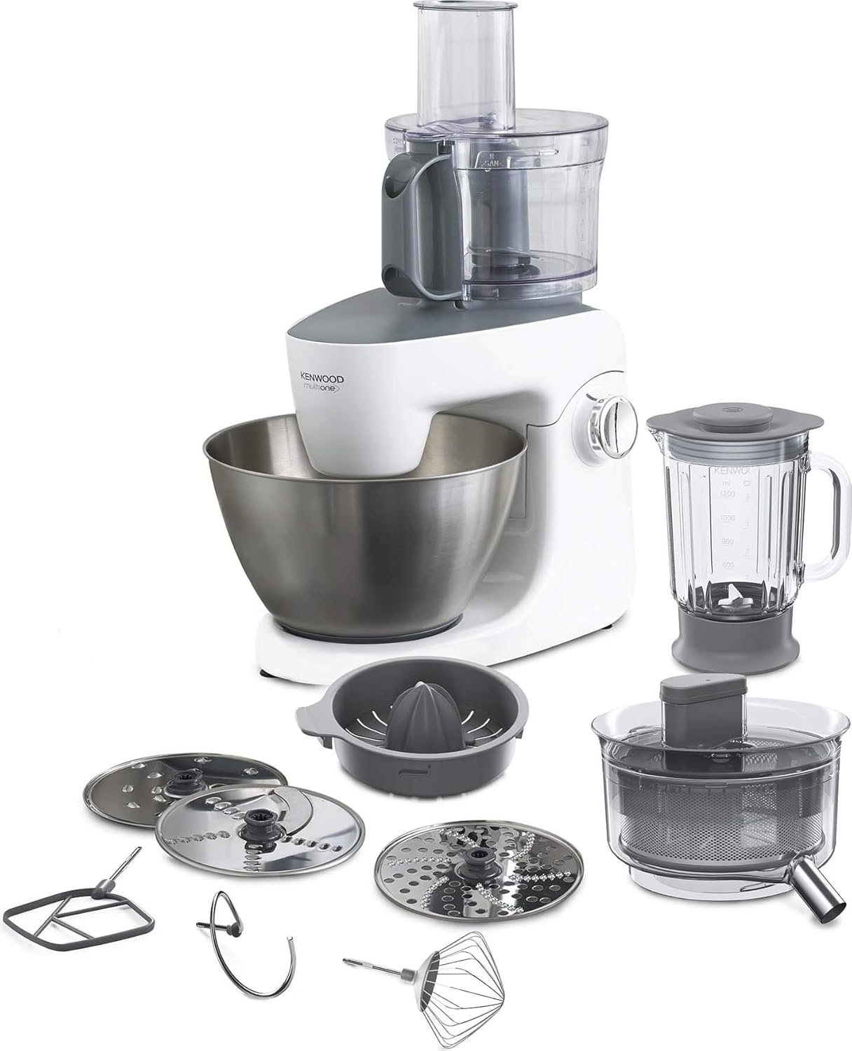 Kenwood MultiOne KHH322WH Robot da Cucina, Ciotola in Acciaio Inox 4,3 l, 1000 Watt, Set Pasticceria 3 pezzi, Tritatutto, Frullatore in vetro, Spremiagrumi, Estrattore Succo, Paraspruzzi, Bianco