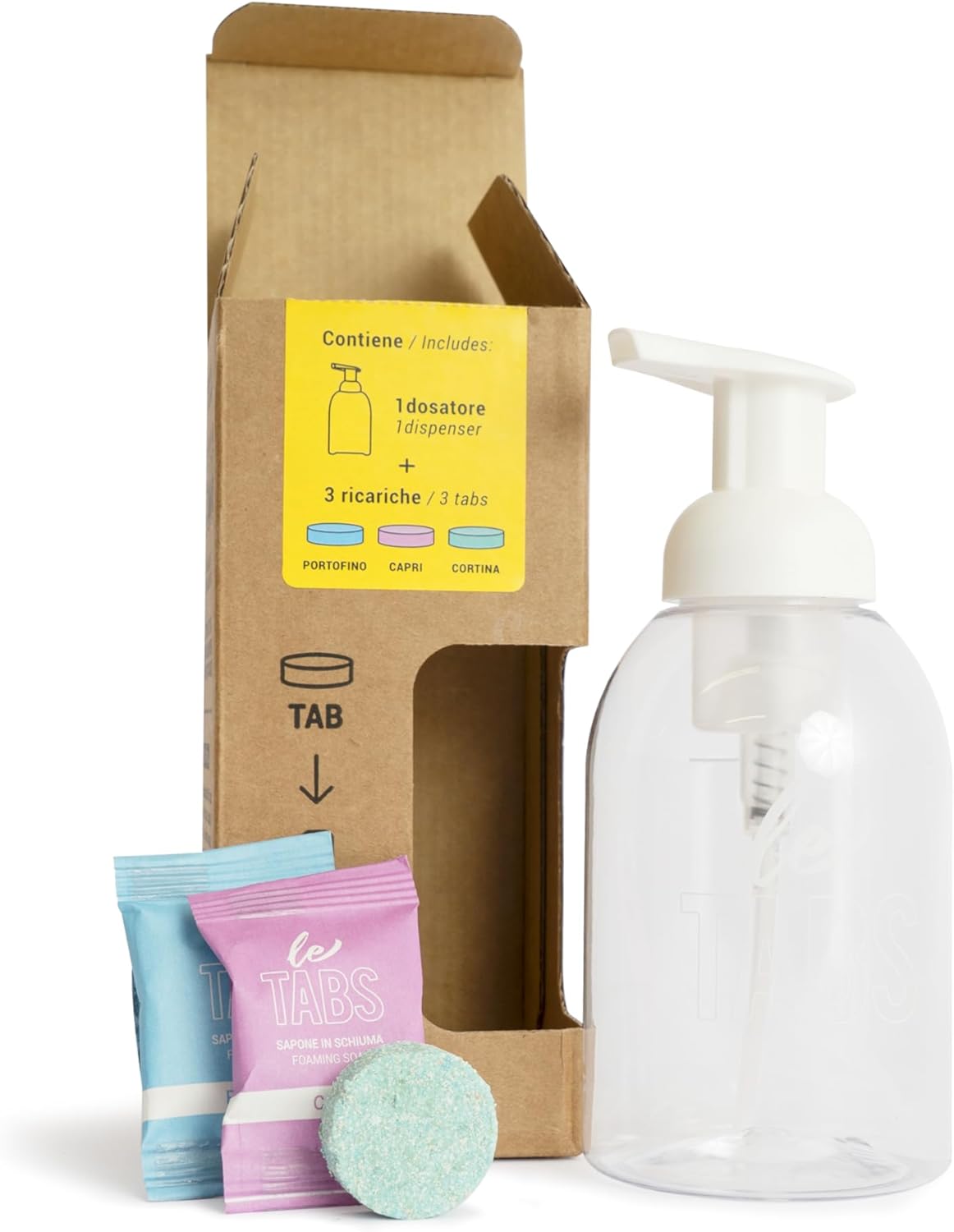 LeTABS Starter Kit - Sapone ecologico solubile in pastiglie, Set di 3 pastiglie da 350ml più dosatore a schiuma riutilizzabile. Profumazione MIX, Made in ITALY.