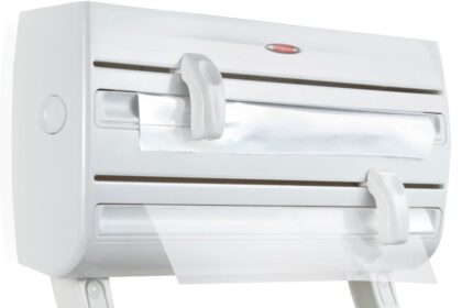 Leifheit Parat F2 ComfortLine Portarotoli per 3 Rotoli, Taglia Rotoli con Ripiano Portaspezie, Portarotolo Cucina Carta, Pellicola, Alluminio, Bianco