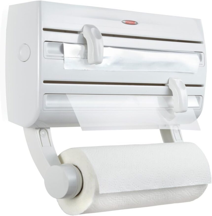 Leifheit Parat F2 ComfortLine Portarotoli per 3 Rotoli, Taglia Rotoli con Ripiano Portaspezie, Portarotolo Cucina Carta, Pellicola, Alluminio, Bianco