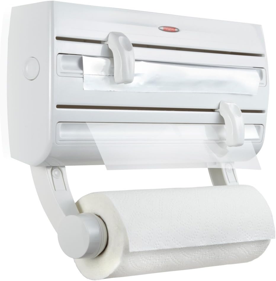 Leifheit Parat F2 ComfortLine Portarotoli per 3 Rotoli, Taglia Rotoli con Ripiano Portaspezie, Portarotolo Cucina Carta, Pellicola, Alluminio, Bianco