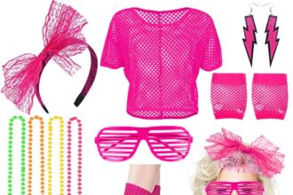 MEISHANG Set da donna anni '80, maglia a rete da donna '80, maglia da donna al neon anni '80, maglia da donna a rete neon da donna