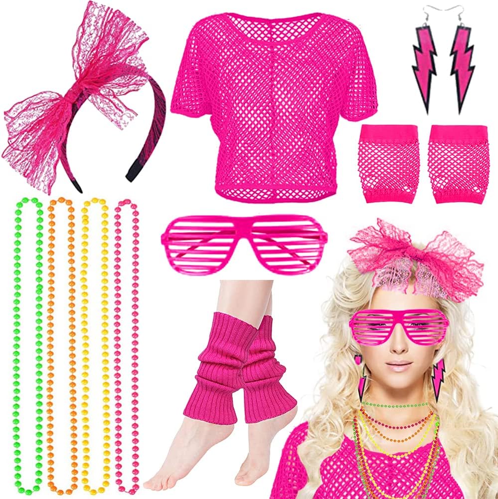 MEISHANG Set da donna anni '80, maglia a rete da donna '80, maglia da donna al neon anni '80, maglia da donna a rete neon da donna