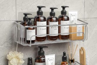 Meltrck Mensola Doccia Senza Foratura - 2 Pezzi Mensole Bagno - Resistente alla Ruggine Porta Bagnoschiuma da Doccia Adesivo,Argento