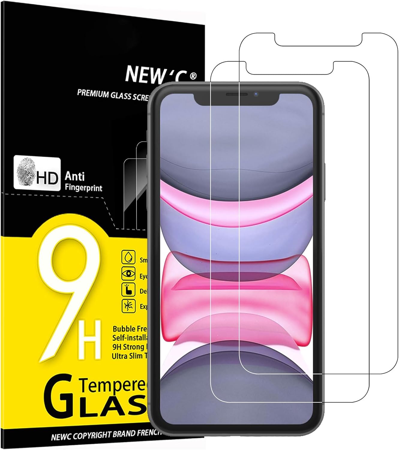 NEW'C 2 Pezzi, Vetro Temperato per iPhone 11 e iPhone XR (6,1 Pollici), Pellicola Prottetiva Anti Graffio, Anti-Impronte, Senza Bolle, Durezza 9H, 0,33mm Ultra Trasparente, Ultra Resistente