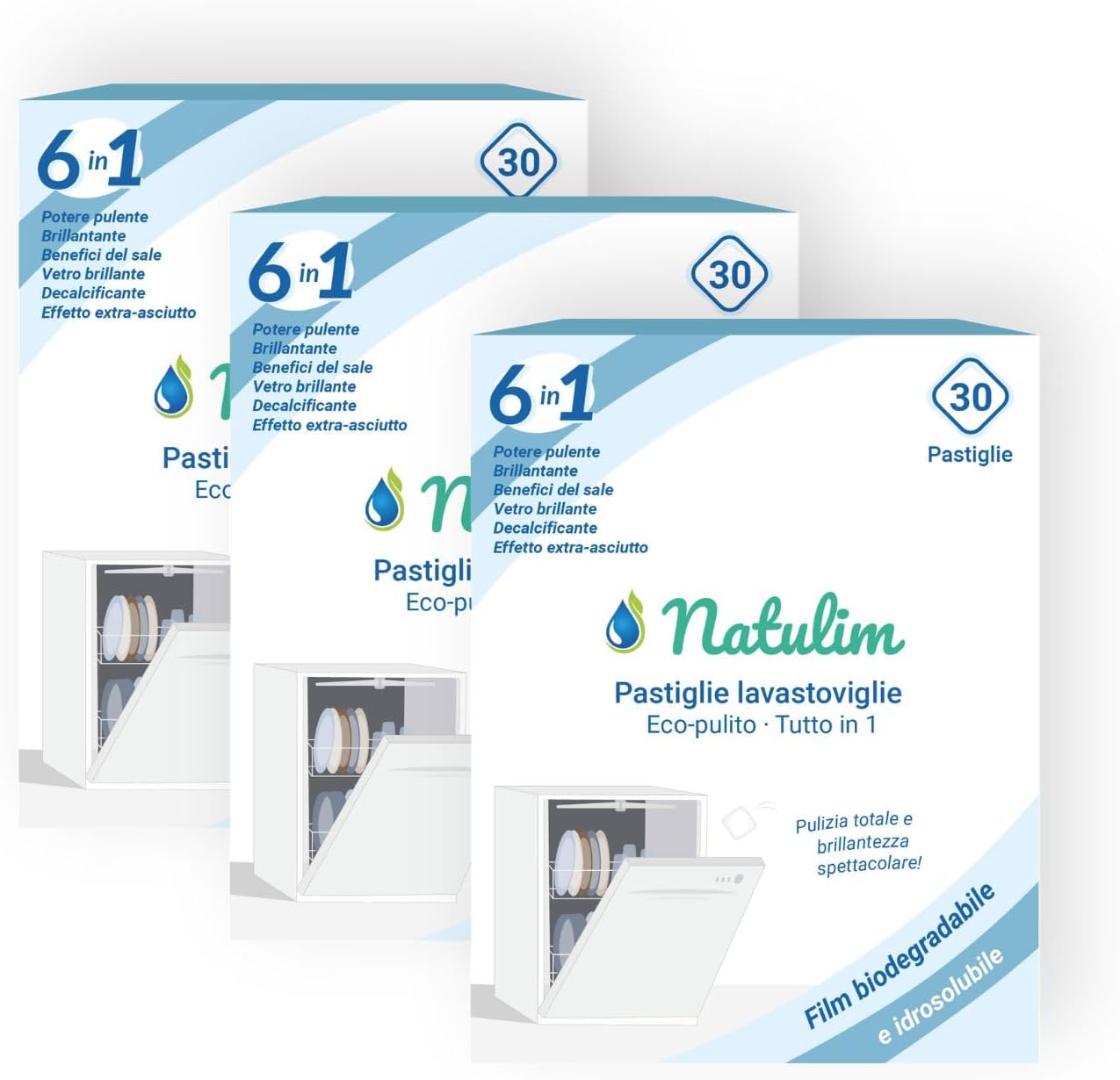 Natulim - Pastiglie per lavastoviglie 6 in 1 biodegradabili e idrosolubili, confezione da 30 - Pulizia profonda, risciacquo, funzione sale, protezione vetri, effetto extra dry - 3 confezioni da 30 pz.