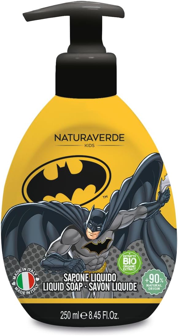 Naturaverde | Kids - Warner Bros Batman - Sapone Liquido per Bambini, Sapone Bambini con Estratto di Te' Verde, Sapone Mani BIO, 250ml