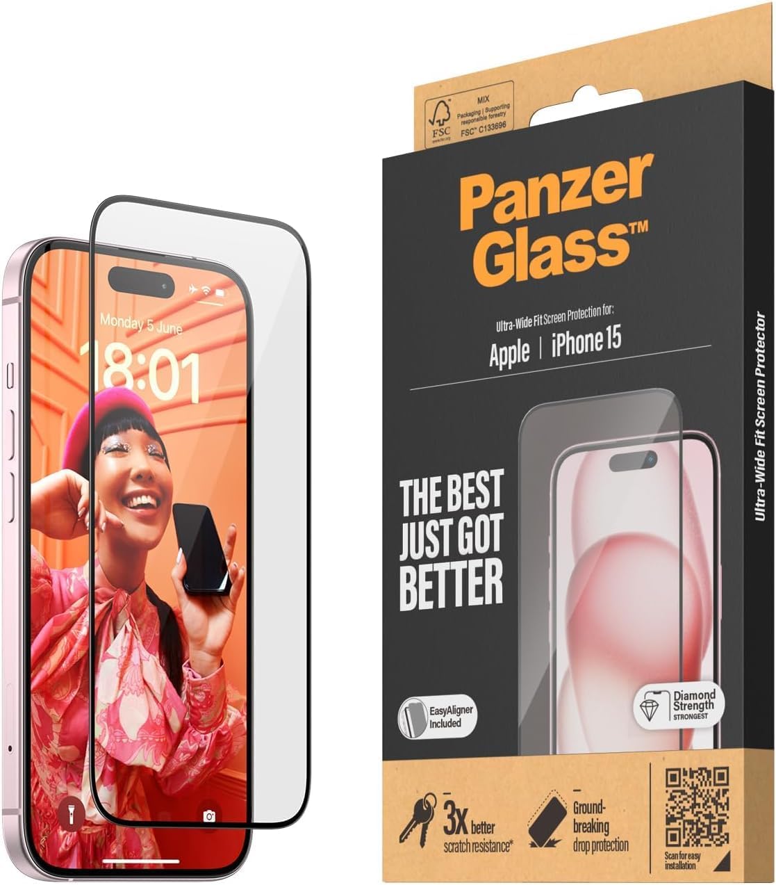 PanzerGlass Protettore per schermo resistente ai graffi per Apple iPhone 15 - display cristallino e protezione dagli urti con aiuto per il montaggio per un'installazione facile