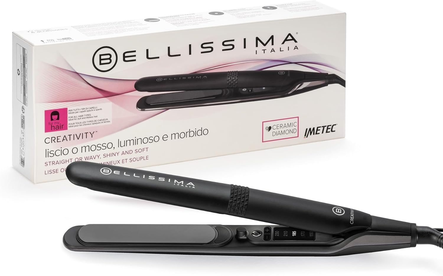 Bellissima Imetec Creativity, Piastra per Capelli Lisci o Mossi, Rivestimento Ceramica Diamond, 5 Temperature 150/230°C, funzione Memory, Calore Costante, Riscaldamento Rapido, Design arrotondato