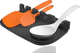 Poggiamestolo in Silicone per Utensili da Cucina, 2 in 1 Poggia Mestoli da Cucina per Cucchiaio in Silicone,poggia-Cucchiaio, spatola, mestolo, forchetta, Antiscivolo, Resistente al Calore (Black)