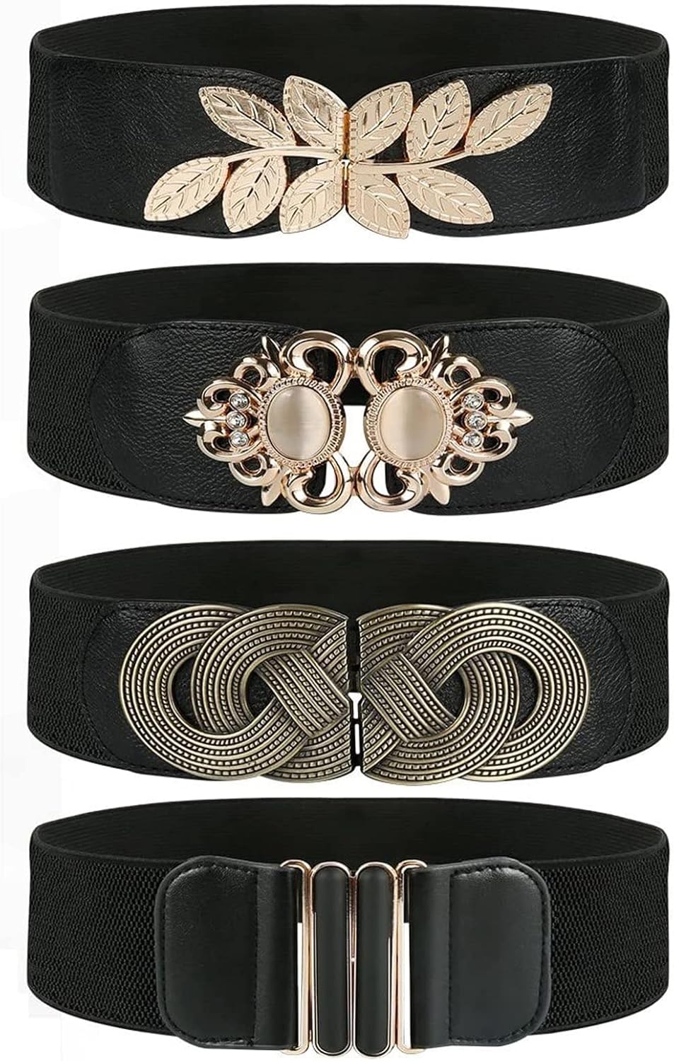 Pomeloone Donna Cintura Elastica Larga in Vita, 4 Pezzi Donne Nero Vintage Stretch Cinture di Vita, Ampia Moda Retrò Cinch, per il Girovita 95-115 cm