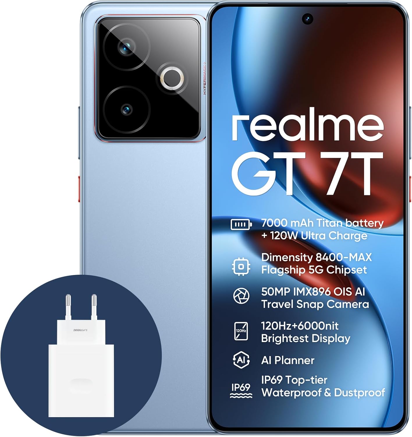 realme GT 7T 5G Smartphone,12+256GB,Batteria 7000mAh,120W charge,Processore Dimensity 8400-MAX, Fotocamera IMX896 50MP, AI Planner, Display Pro-Esports da 6000 nit 120Hz,IP69,Blu, esclusiva Amazon