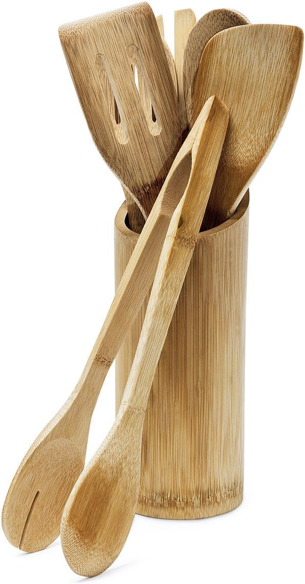 Relaxdays Set Accessori da Cucina, 6 Mestoli in bambù, Portamestoli, Cucchiai, Pinza, Paletta, Forchetta, Marrone Chiaro, Legno, H x D: 22.5 x 8.5 cm ca