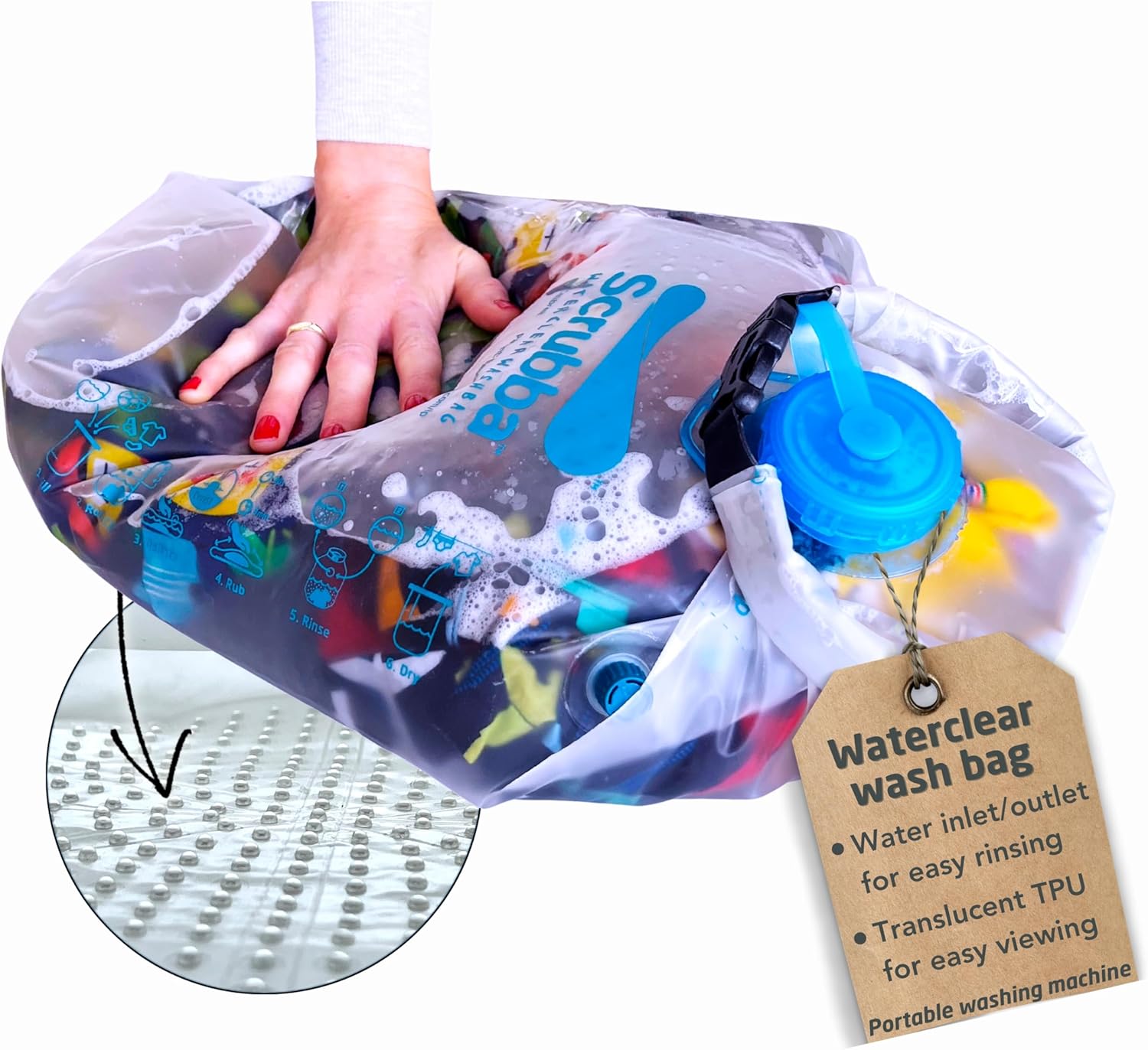 Scrubba Waterclear Wash Bag Lavatrice portatile – Nuova ingresso/uscita dell'acqua per un facile risciacquo – Rondella manuale portatile per viaggi, campeggio, lavanderia, vestiti per bambini,