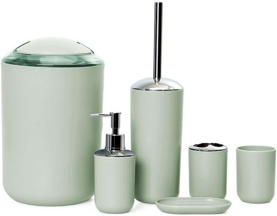Wanym Set Bagno Accessori Completo Moderno, Set Bagno Moderno 6 Pezzi Dispenser Portaspazzolino Bicchiere Portasaponetta Portascopino Pattumiera,Verde
