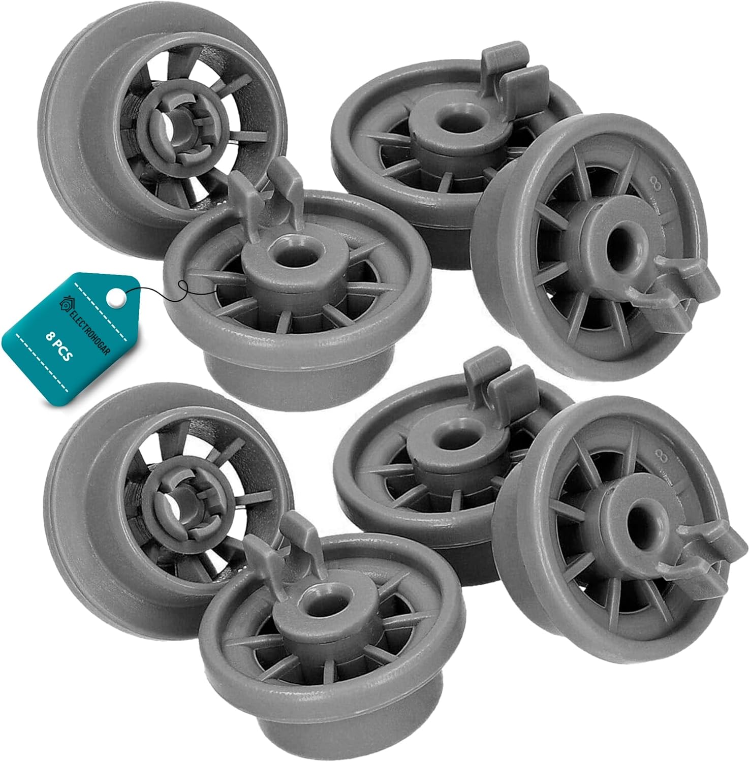 ELECTROHOGAR Rotelle Lavastoviglie | Compatibile con Siemens, Bosch, Indesit, Neff, Beko | Set Completo 8 Ruote Cesto Inferiore Lavastoviglie | Grigio