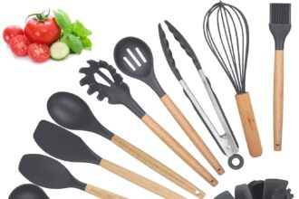Utensili da Cucina Accessori, 12 PCS Set Mestoli Cucina, Utensili Cucina Antigraffio con Contenitore e Manico in Legno Senza BPA con Spatole/Spatola/Cucchiaio/Frusta/Pennello/Mestolo/Paletta