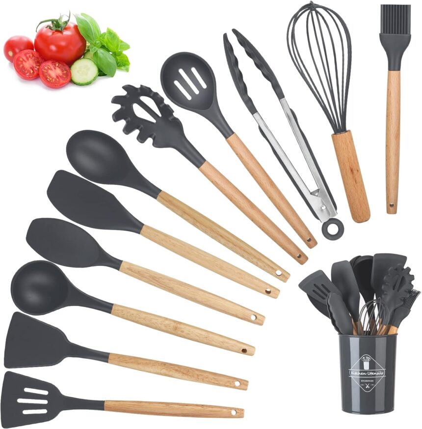 Utensili da Cucina Accessori, 12 PCS Set Mestoli Cucina, Utensili Cucina Antigraffio con Contenitore e ​Manico in Legno Senza BPA con Spatole/Spatola/Cucchiaio/Frusta/Pennello/Mestolo/Paletta